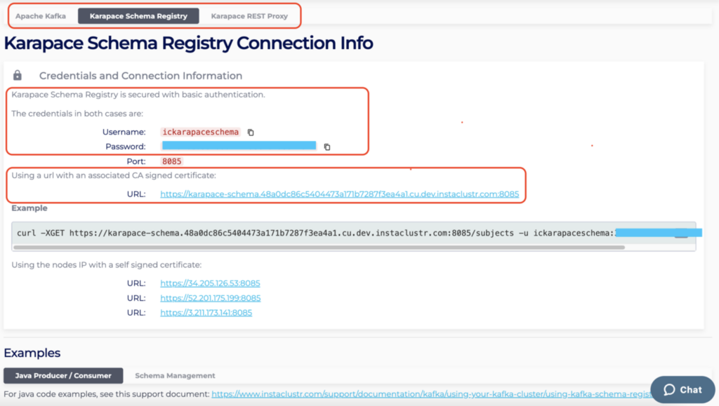 Figure 25: Karapace Schema Registry Connection Info Page – Instaclustr Console 